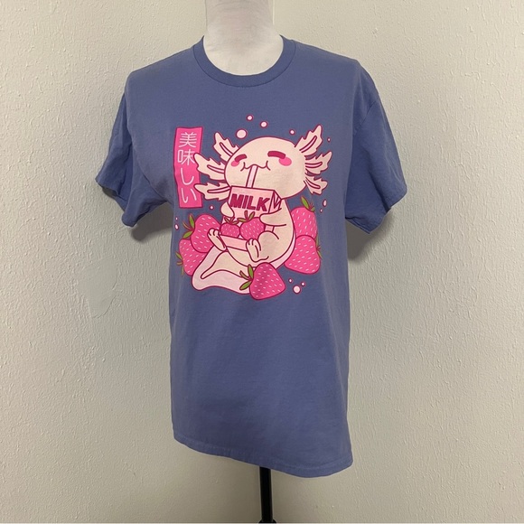 Hot Topic Women’s Medium Manga Anime Axolotl Strawberry Milk Carton T-Shirt EUC - Picture 1 of 4